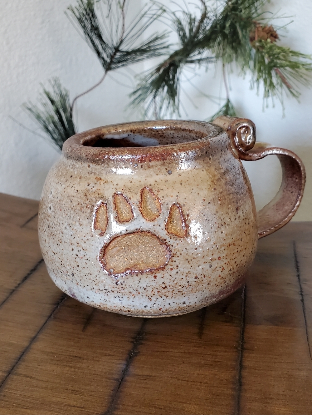 Handmade Speckled Tan Paw Print Ceramic Coffee Mug